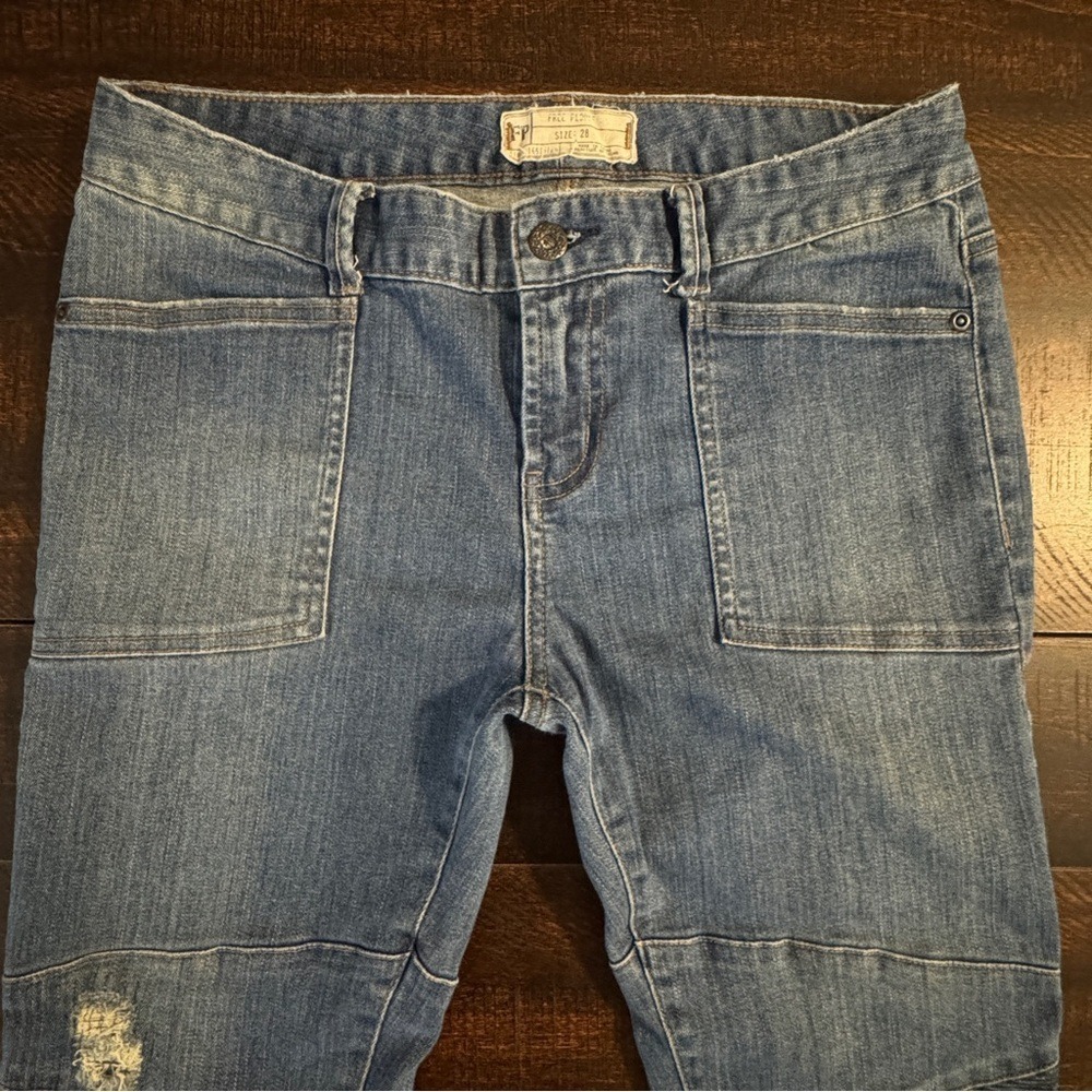 Free People Moto Skinny Distressed Jeans Blue 28 Edgy Biker Utility Denim - Picture 6 of 17